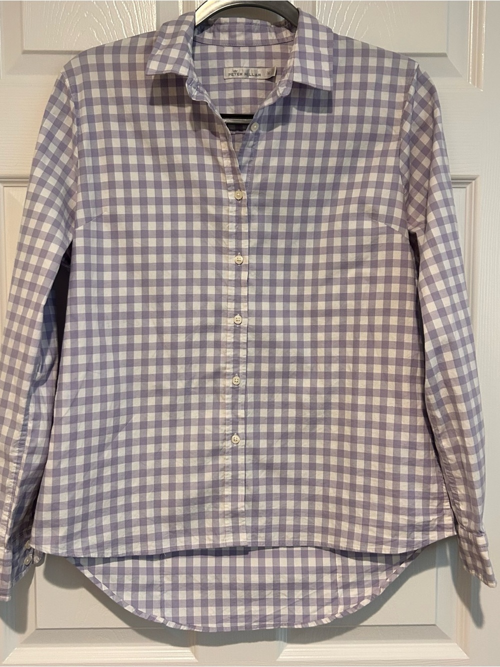 Peter Millar Gingham Button-Up Shirt in Lavender and White